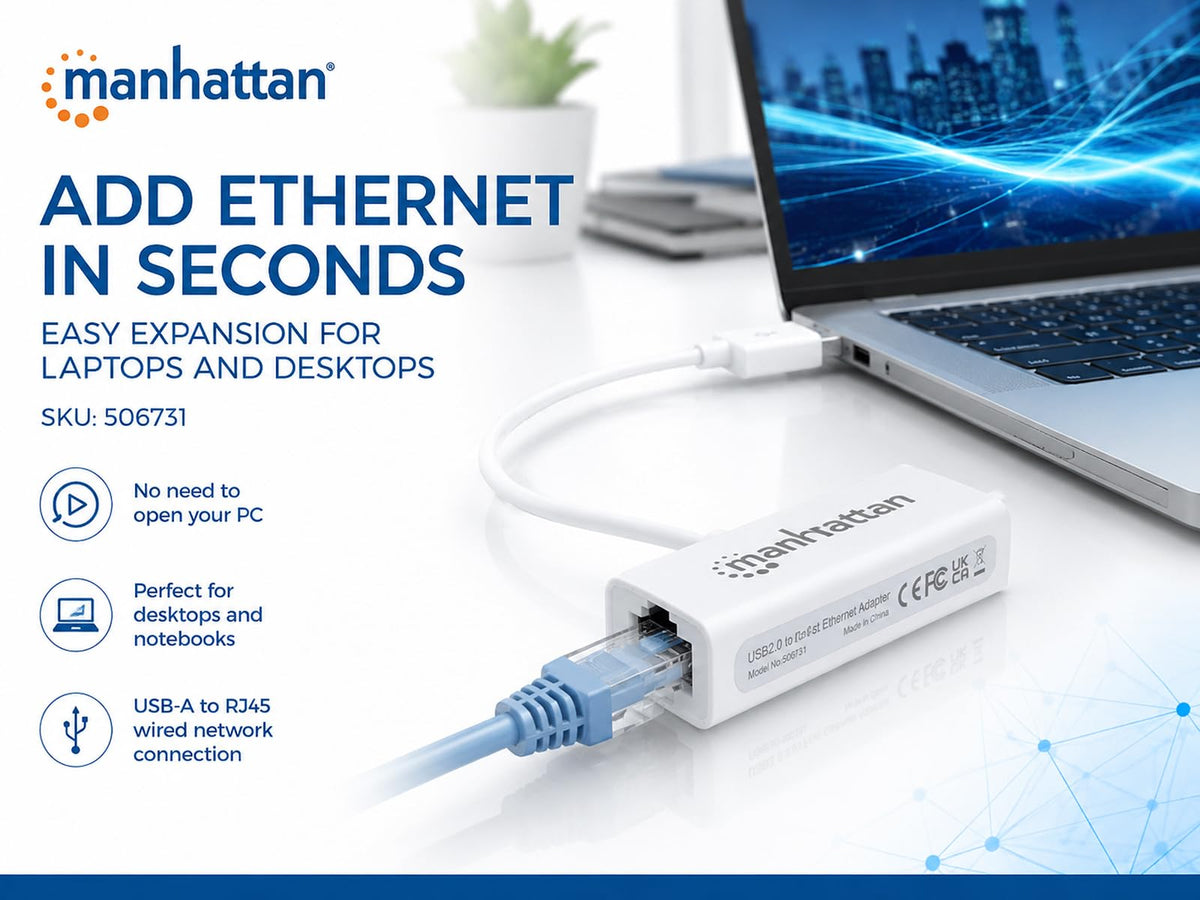 Manhattan Adaptador USB a Ethernet RJ45 10/100 Mbps, Cable Red USB, Instalación Automática, Compatible con Laptop y PC, Bajo Consumo 506731