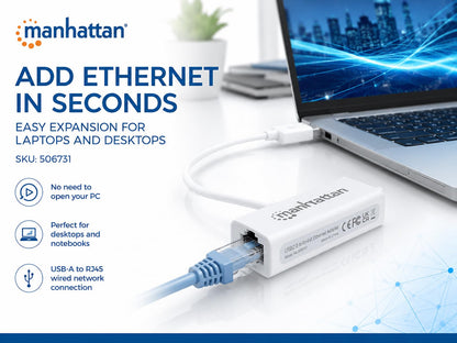 Manhattan Adaptador USB a Ethernet RJ45 10/100 Mbps, Cable Red USB, Instalación Automática, Compatible con Laptop y PC, Bajo Consumo 506731