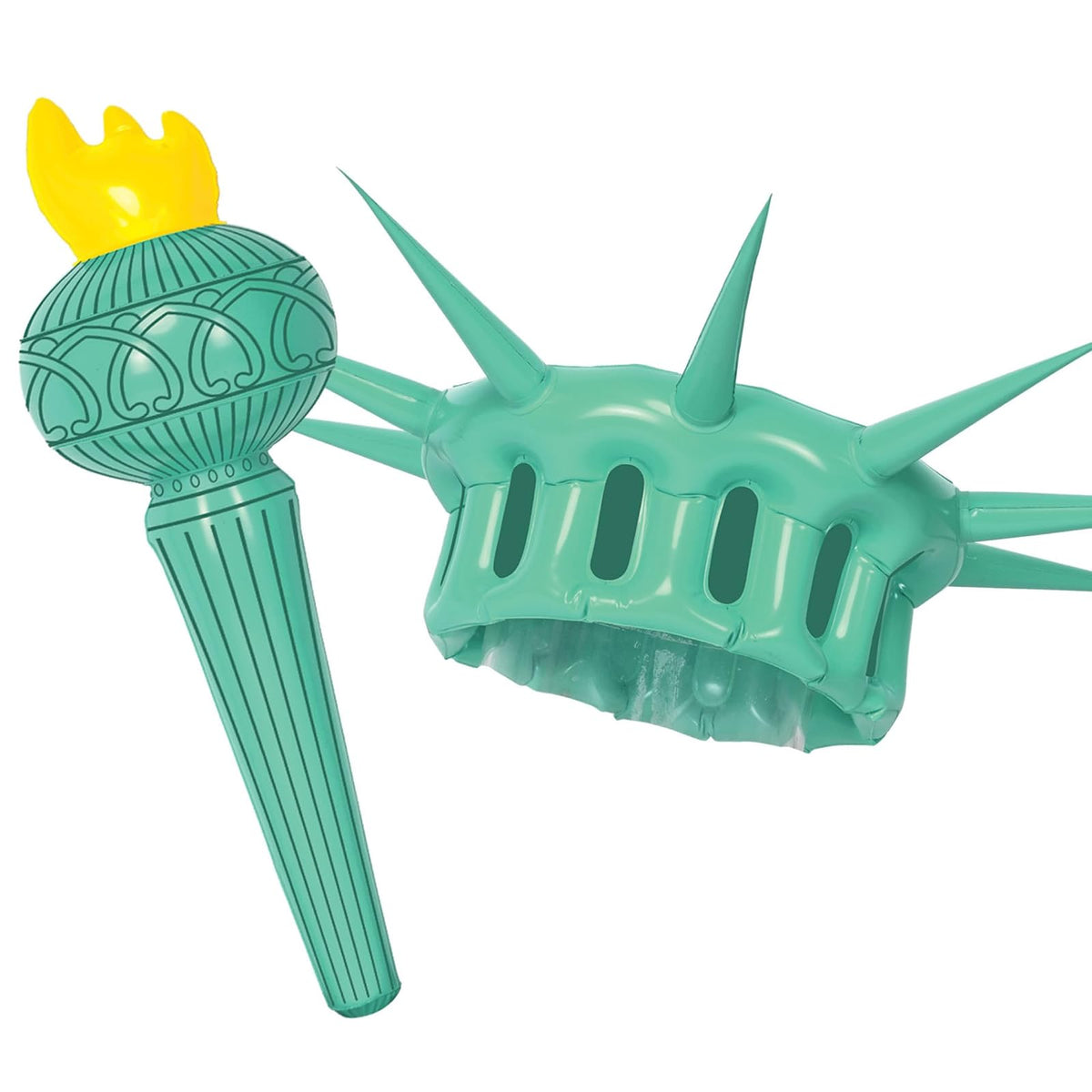Beistle - Corona y antorcha inflables con estatua de la Libertad, accesorios de fiesta patriótica, traje del 4 de julio para eventos de desfiles, corona, antorcha de 22 ¼ pulgadas, 17 ½ pulgadas
