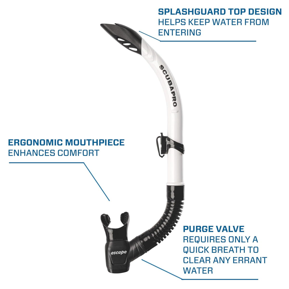 SCUBAPRO Escape Semi-Dry Snorkel, with Purge Valve and Splashguard Barrel-Top Design