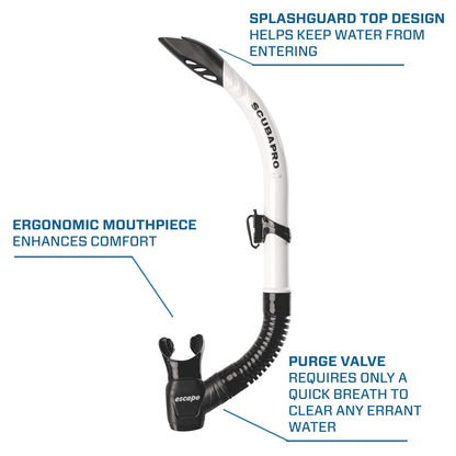 SCUBAPRO Escape Semi-Dry Snorkel, with Purge Valve and Splashguard Barrel-Top Design