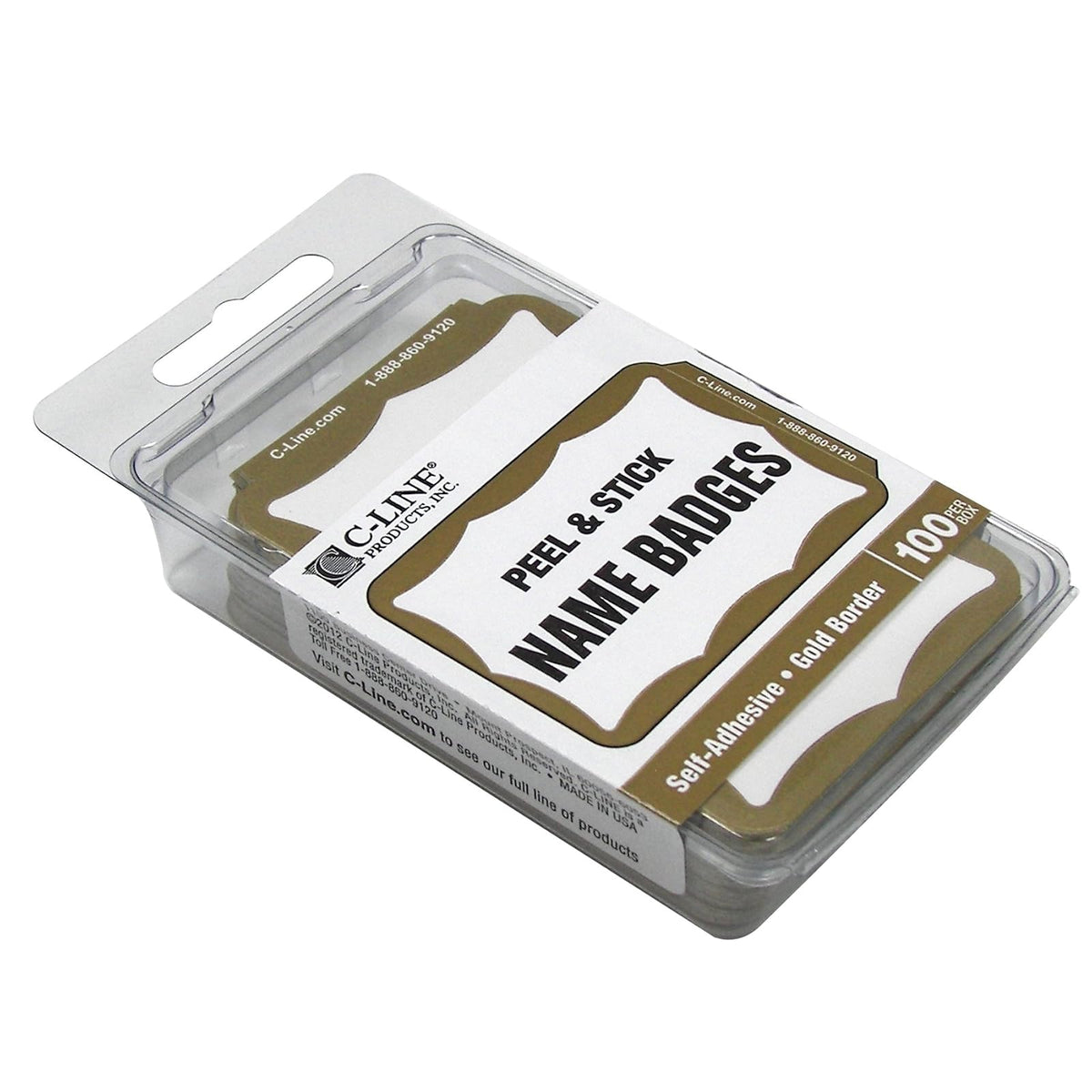 C-Line 92266 - Insignias de identificación sensibles a la presión, borde dorado, 3.5 x 2.25 pulgadas, 100 por caja