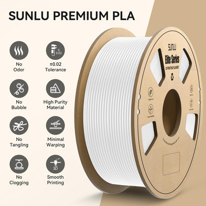 SUNLU Elite - Filamento para impresora 3D - PLA de 1,75 mm, se adapta a la mayoría de impresoras 3D FDM, carrete de 1 kg (2.2 libras), blanco