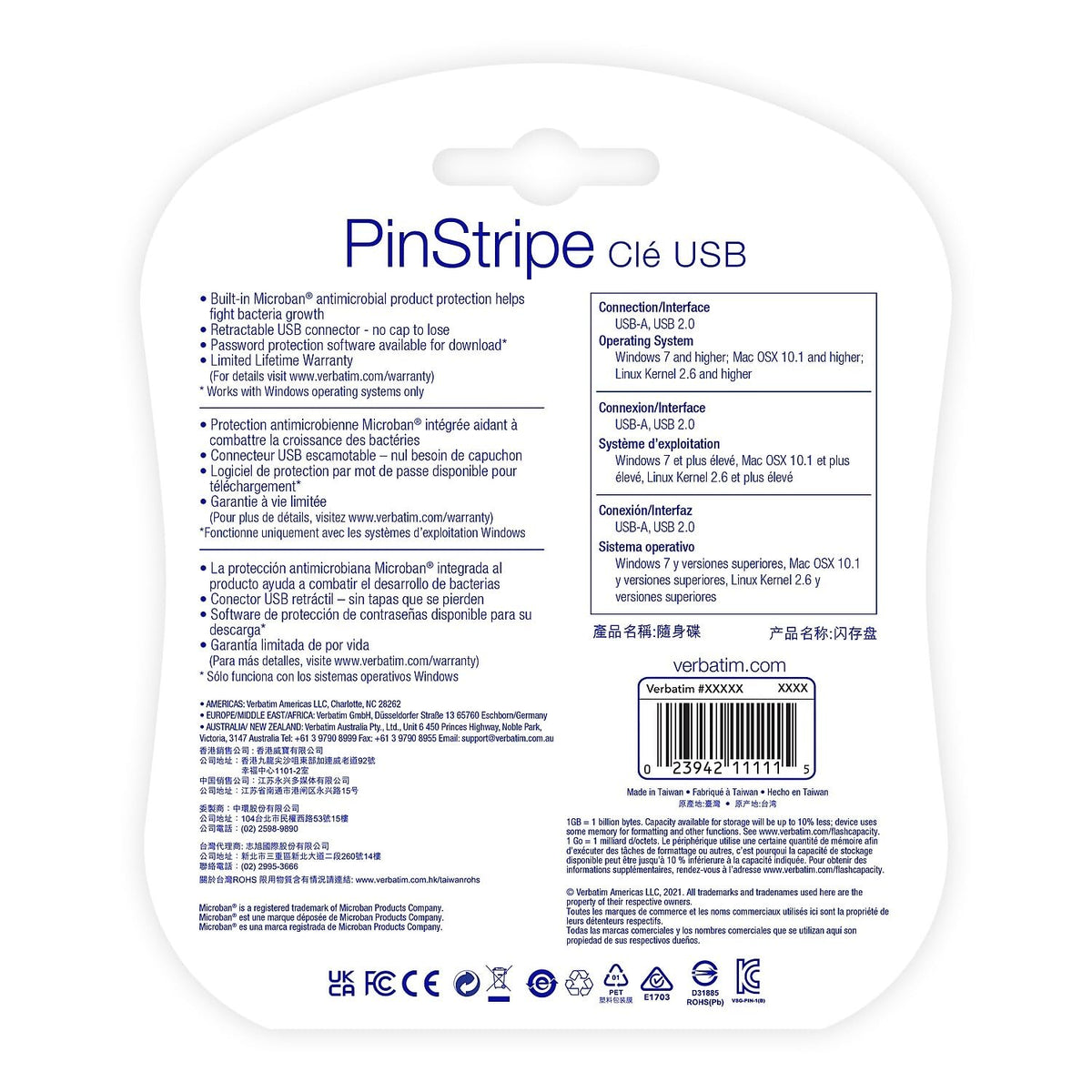 Verbatim Memoria Flash USB Pinstripe de 128 GB – 2pk – Rojo, Azul