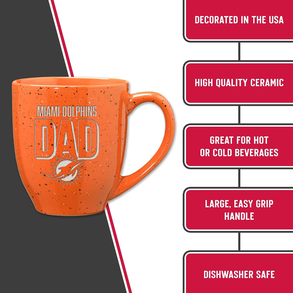 Rico Industries NFL - Taza de café de cerámica moteada grabada con láser, Color del Equipo de fútbol Americano de Miami Dolphins Dad de 16 onzas