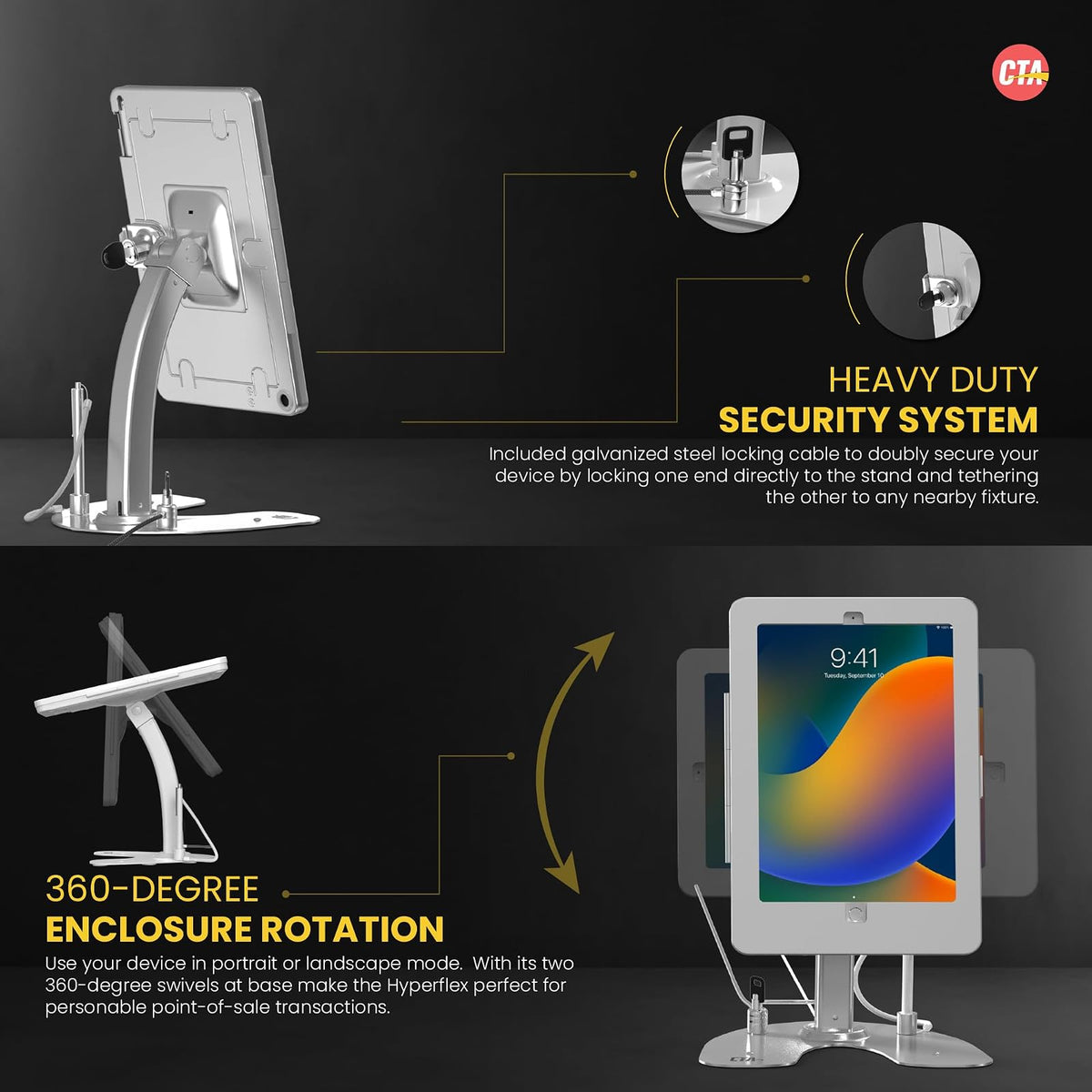 Soporte de quiosco Dual CTA - Soporte de quiosco de Seguridad Dual con Funda de Bloqueo y Cable para iPad de 7ª/8ª/9ª generación de 10.2 Pulgadas (PAD-ASK10)