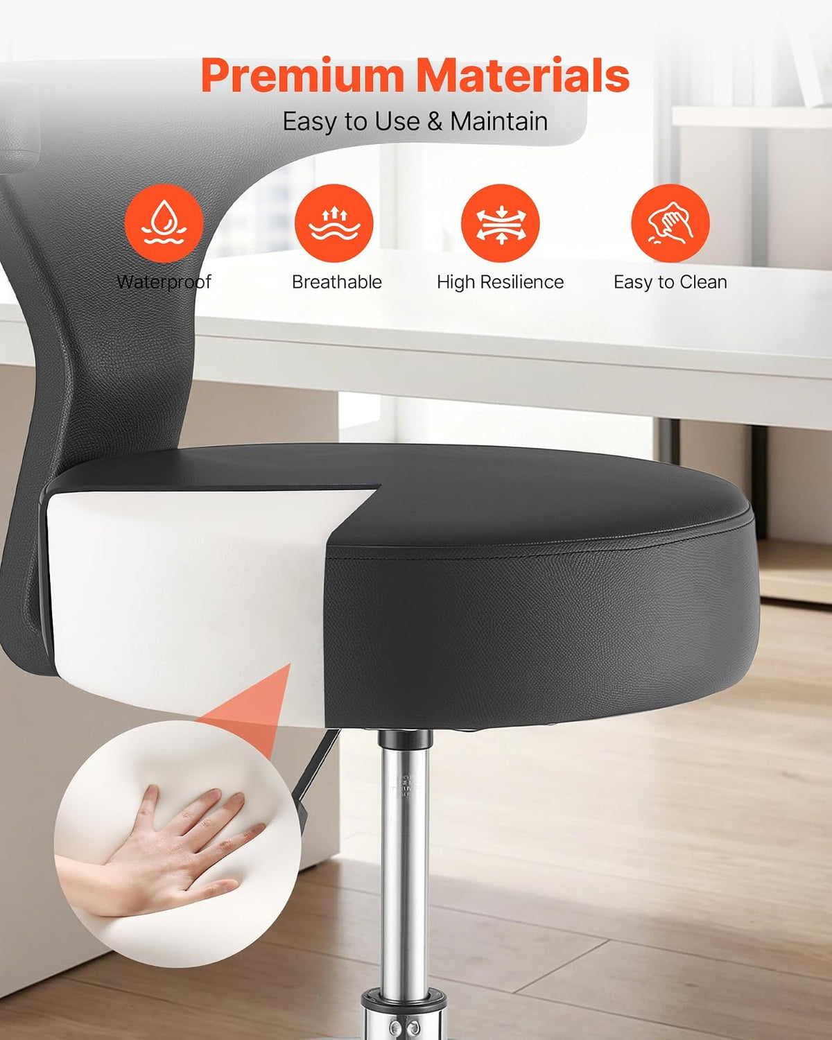 VEVOR Taburete Giratorio de Trabajo, Taburete con Respaldo Reposapiés y Ruedas, Ajustable 54-70 cm, Giro 360°, Capacidad de Carga 226,8 kg, Asiento Ergonómico Acolchado, Silla para Oficina Clínica