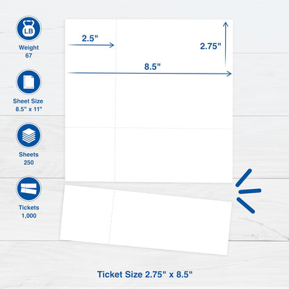 PrintWorks - Boletos de rifa imprimibles con trozos desgarradores para eventos y recaudación de fondos, 1000 boletos personalizados (tamaño 2.7 x 8.5 pulgadas), 4 por hoja, 250 hojas (8.5 x 11