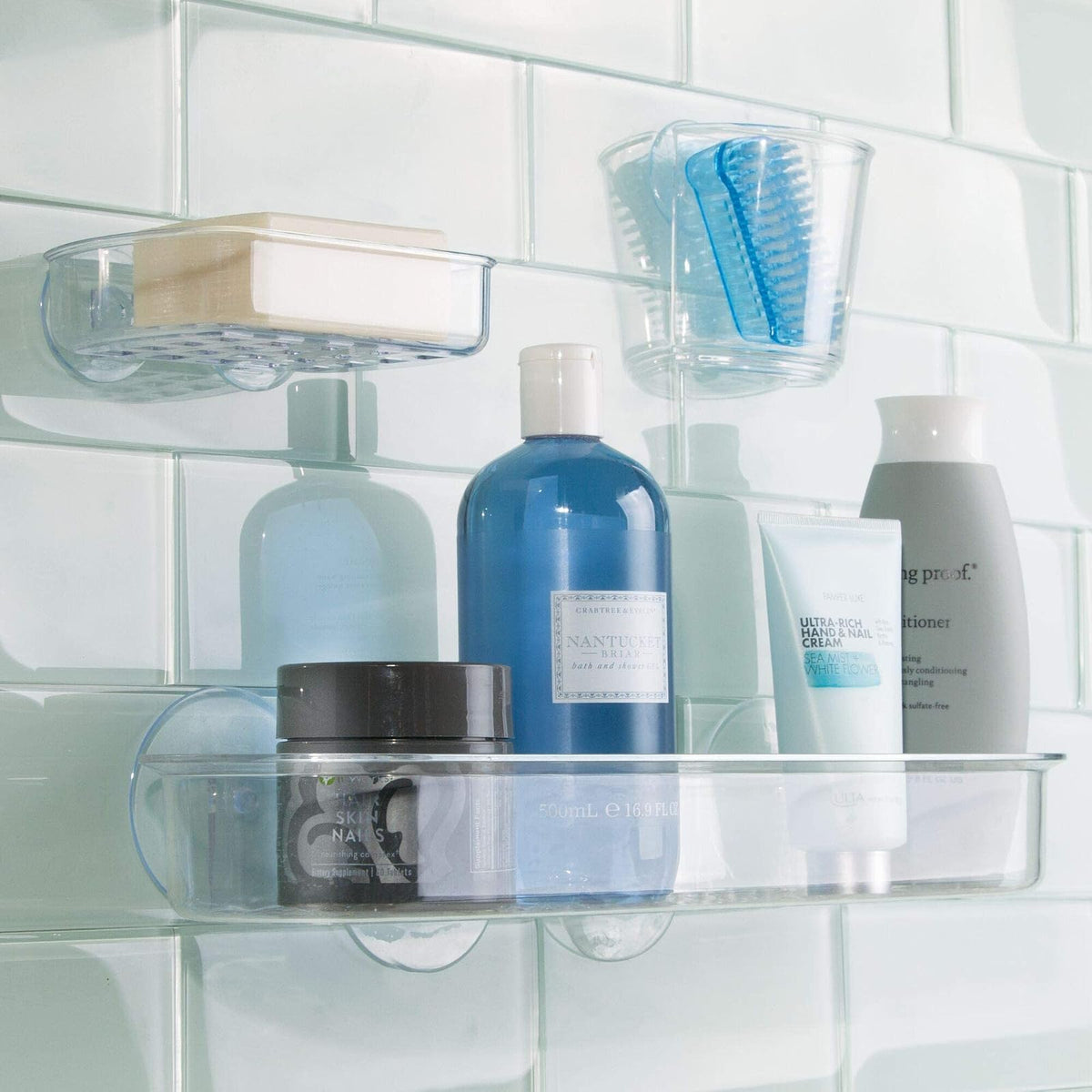 interDesign Basic Estante para Ducha, repisa de Ducha Larga con ventosas y Fabricada en plástico, Transparente