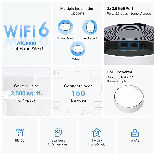TP-Link Deco X50-PoE Sistema WiFi 6 Mesh AX3000, Dual Band con IA, Puerto 2.5G, PoE+, Compatible con Serie Deco, WiFi Auto-adaptativo, Ideal para Montaje en Techo y conexión Multi-Gigabit