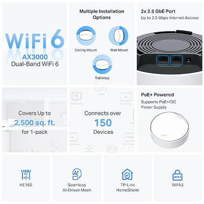 TP-Link Deco X50-PoE Sistema WiFi 6 Mesh AX3000, Dual Band con IA, Puerto 2.5G, PoE+, Compatible con Serie Deco, WiFi Auto-adaptativo, Ideal para Montaje en Techo y conexión Multi-Gigabit