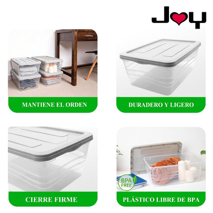 JOY Caja de almacenamiento de Plástico con Tapa, Paquete de 4, Capacidad de 16 Litros, Cajas Apilables para Organizar el Armario, Suministros Escolares (40x27x16 cm)