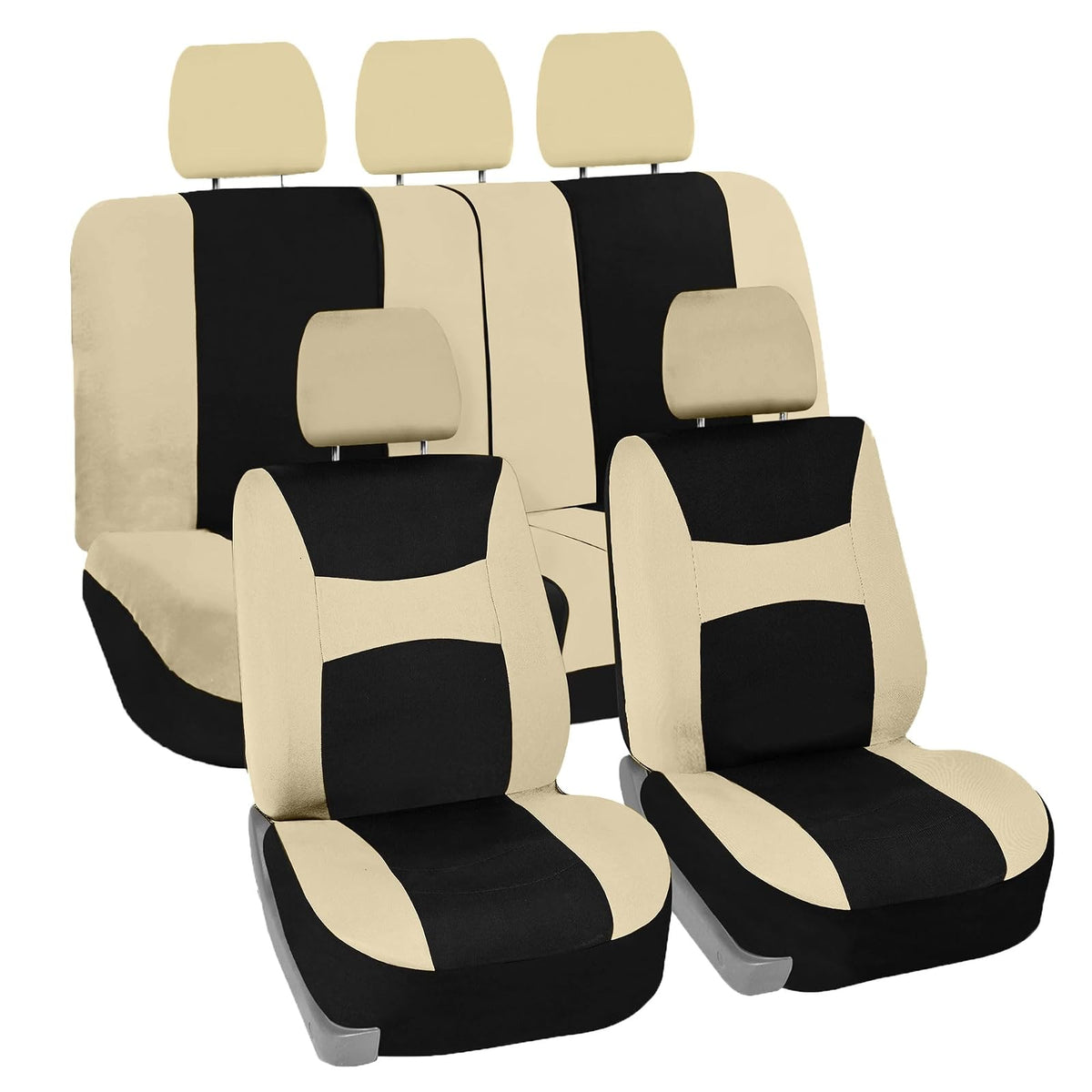 FH GROUP FB030BEIGEBLACK115-SEAT Bucket Seat Cover and Bench Cover (Full Set Airbag Compatible with Split Bench Beige/Black) - Beige - Black