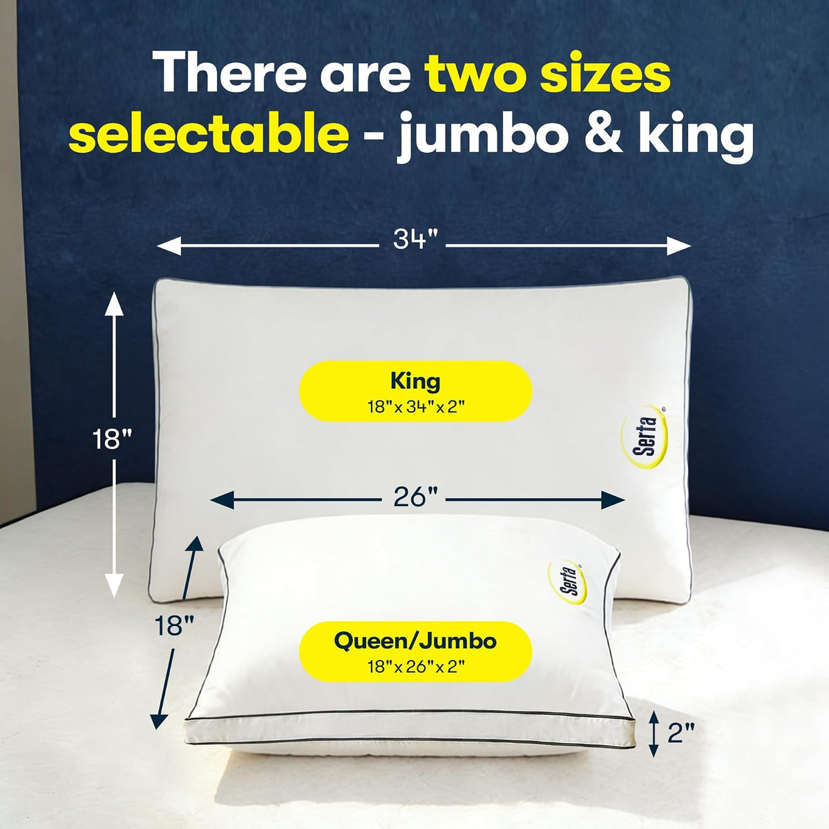 Serta Hotel Collection - Juego de 2 Almohadas de Cama tamaño King, Funda de algodón 100% de 400 Hilos, Suave Apoyo Reforzado, Almohada Alternativa para Espalda, estómago o Lateral, 18 x 34 x 2
