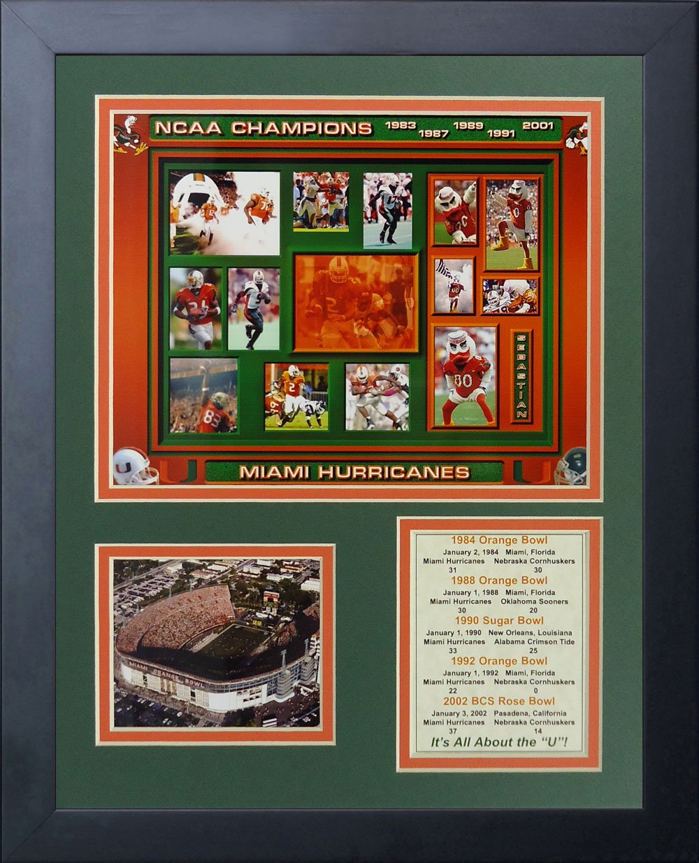 Legends Never Die Miami Hurricanes Cinco Tiempo Champs Foto enmarcada Collage, 11 por 35.6 cm