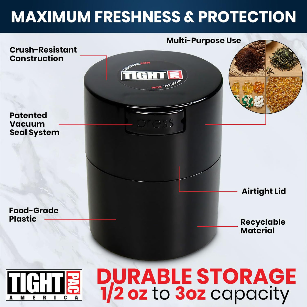 Tightvac – 14 g a 85 g hermético, multiusos, Sello de vacío, contenedor de almacenamiento portátil para artículos secos, comida, y hierbas, Negro sólido, .29-Liter/9-Fluid Ounce, 1