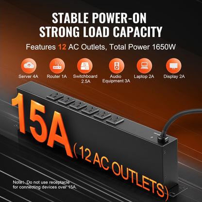 VEVOR - Tira de alimentación PDU Horizontal de 12 tomacorrientes de 1U para Racks de servidores de Red, protección contra sobretensiones y protección contra sobrecarga, 110-125V/15A, con Cable de
