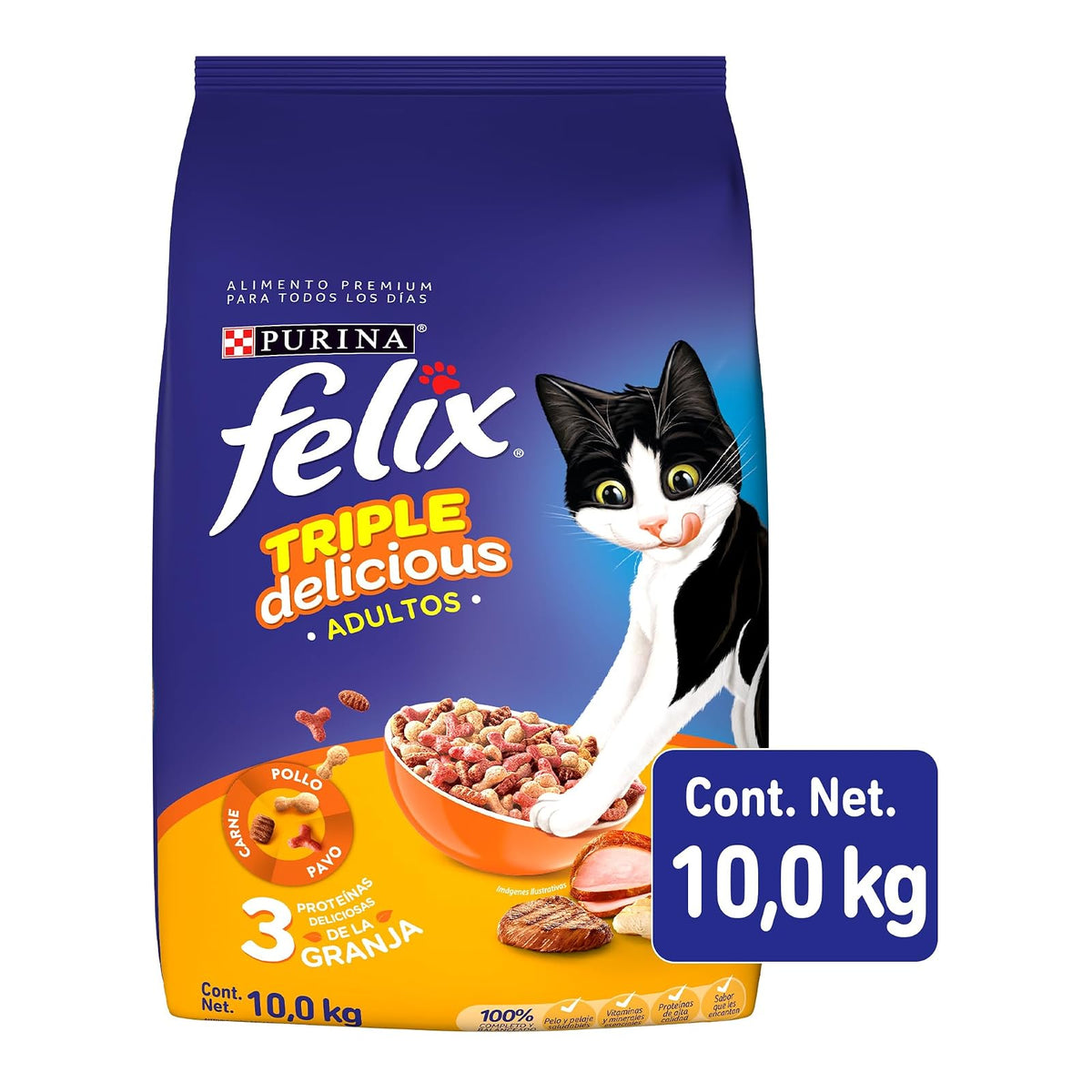 Purina Felix Adulto Triple Delicious Granja Pollo/Pavo/Carne 10Kg