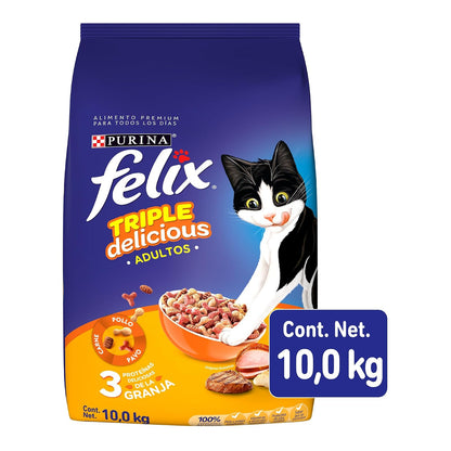 Purina Felix Adulto Triple Delicious Granja Pollo/Pavo/Carne 10Kg