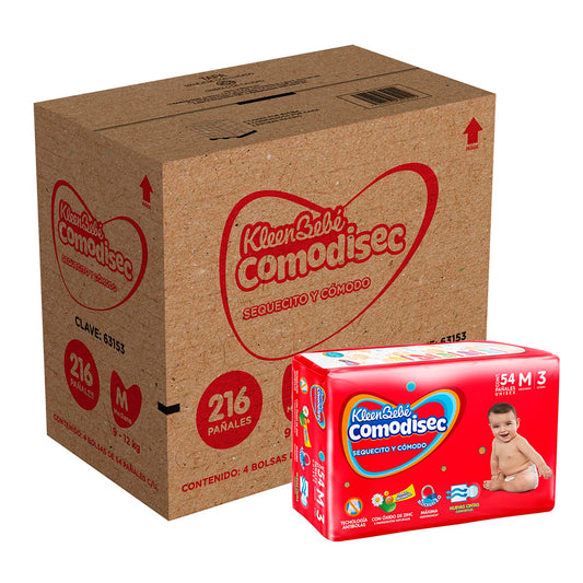 KleenBebé Comodisec, Pañal Para Bebé, Tamaño Mediano, Caja Con 216 Pañales