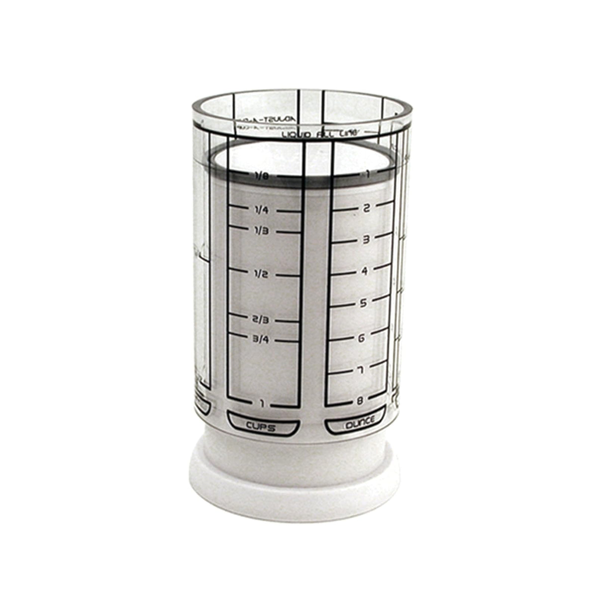 KitchenArt Taza Medidora Ajustable de 2 Tazas, Color Blanco | Taza medidora de émbolo | Mide entre 1/8 taza y 1 taza | Incluye conversiones | Gadget de cocina | Mide sólidos y líquidos