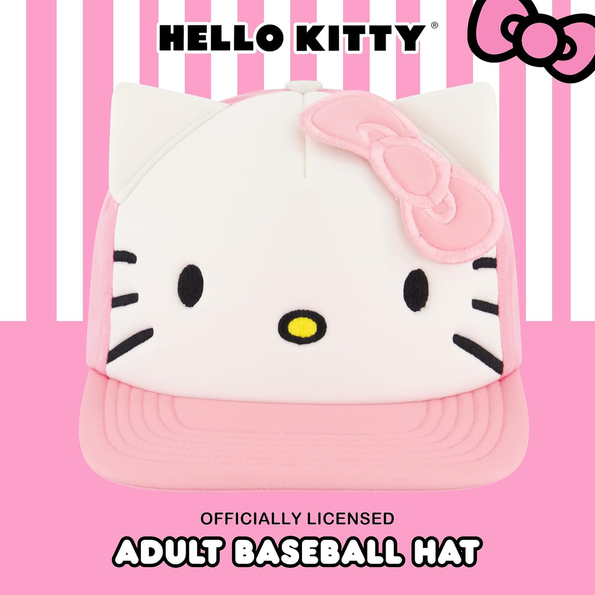 Hello Kitty Baseball Cap, Women's Snapback Hat with Flat Brim and 3D Ribbon and Ears