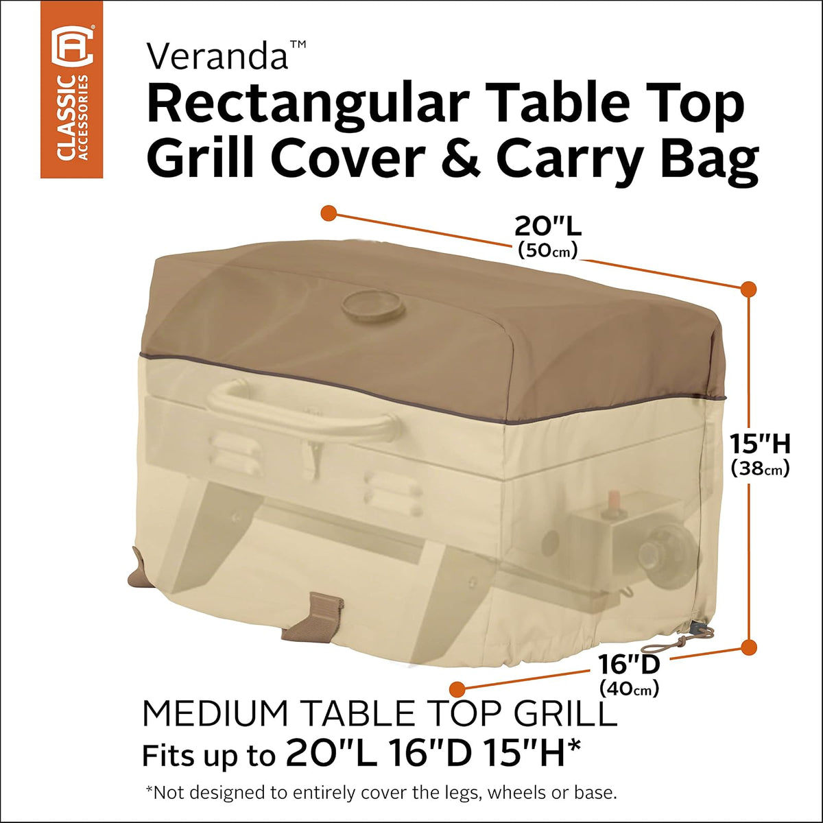 Classic Accessories Veranda - Cubierta Rectangular Resistente al Agua para Parrilla de Mesa, 20 x 16 x 15 Pulgadas