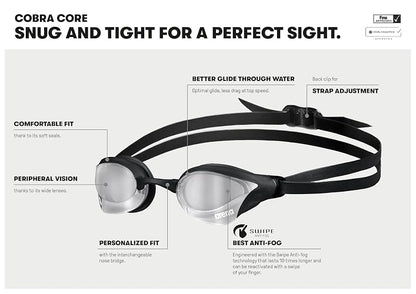 Arena - anteojos de natación Unisex para Hombres y Mujeres, con núcleo Cobra, antivaho, Lentes de policarbonato, Espejo, no Espejo, para Hombres y Mujeres