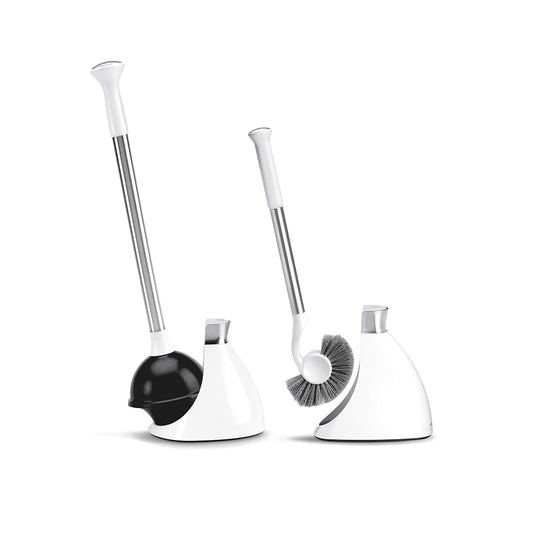 simplehuman - Juego de émbolo de Inodoro y escobillas de Inodoro con Soporte, Cubiertas magnéticas sin Goteo, Cabezal de Cepillo para Polvo Creciente y Brida de émbolo de Inodoro Moderno