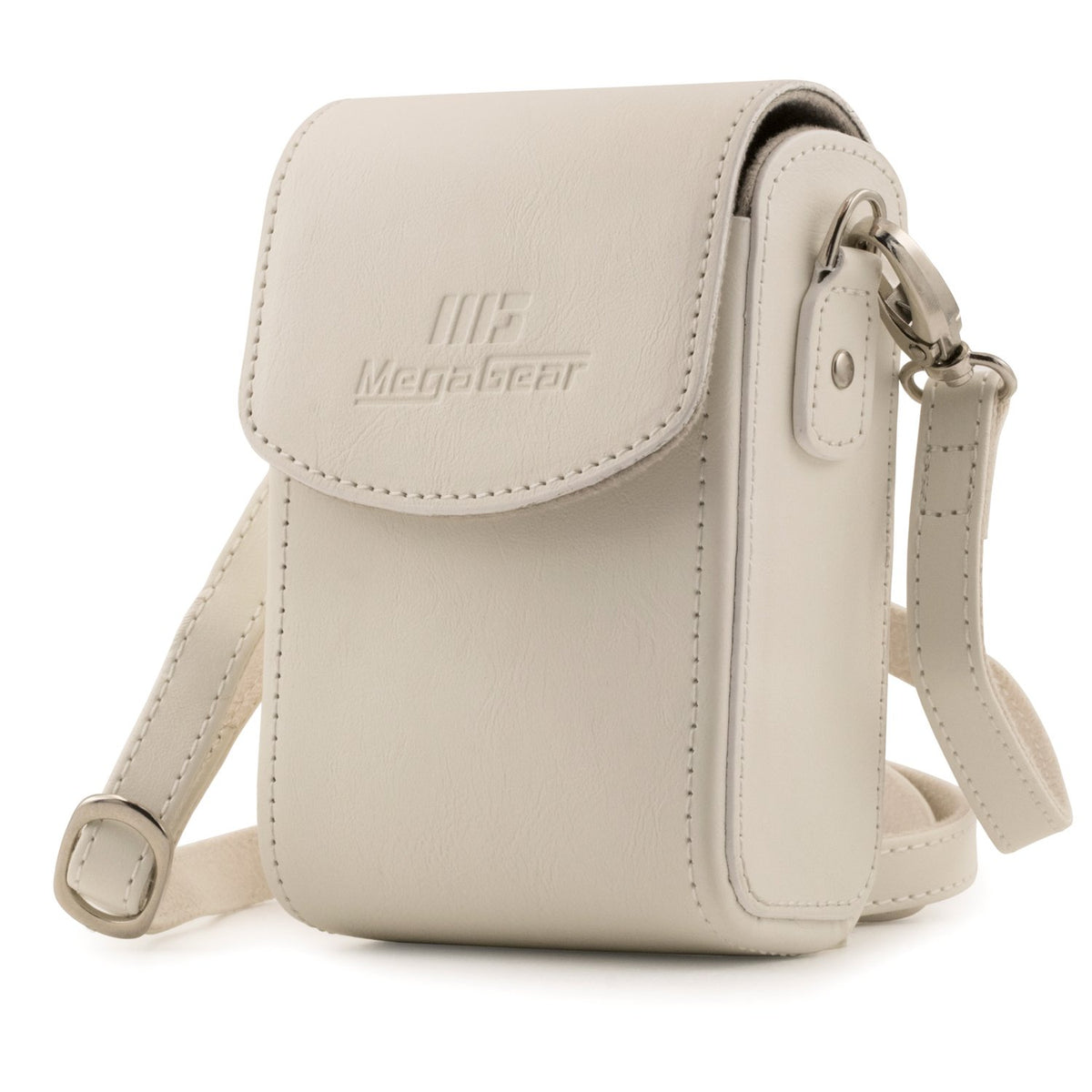 MegaGear MG1414 Estuche de Cuero, con Correa Compatible con Panasonic Lumix DC-ZS80, DC-ZS70, DMC-LX10, DMC-ZS60, DMC-ZS100 - Blanco