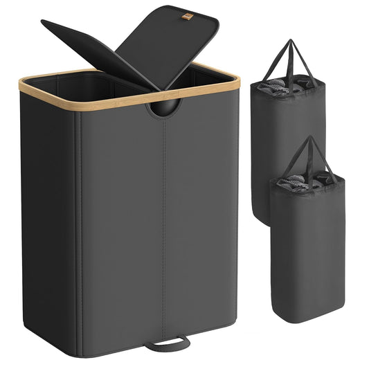 SONGMICS Cesto Ropa Sucia, 150 L, Cesta de Colada de 2 Compartimentos, para Lavadero, Dormitorio, Salón, Negro Tinta y Beige Natural MLCB523B01
