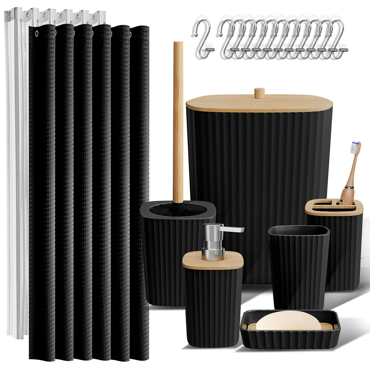 Clara Clark - Juego de Accesorios de baño, Juego de 20 Piezas de Accesorios de baño, Juego de Cortina de Ducha, Cepillo para Polvo de Inodoro, Bote de Basura y dispensador de jabón - Juego completo - Negro