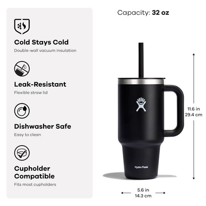 Hydro Flask - Vaso de viaje de 32 onzas con asa, tapa y popote, acero inoxidable aislado en color negro