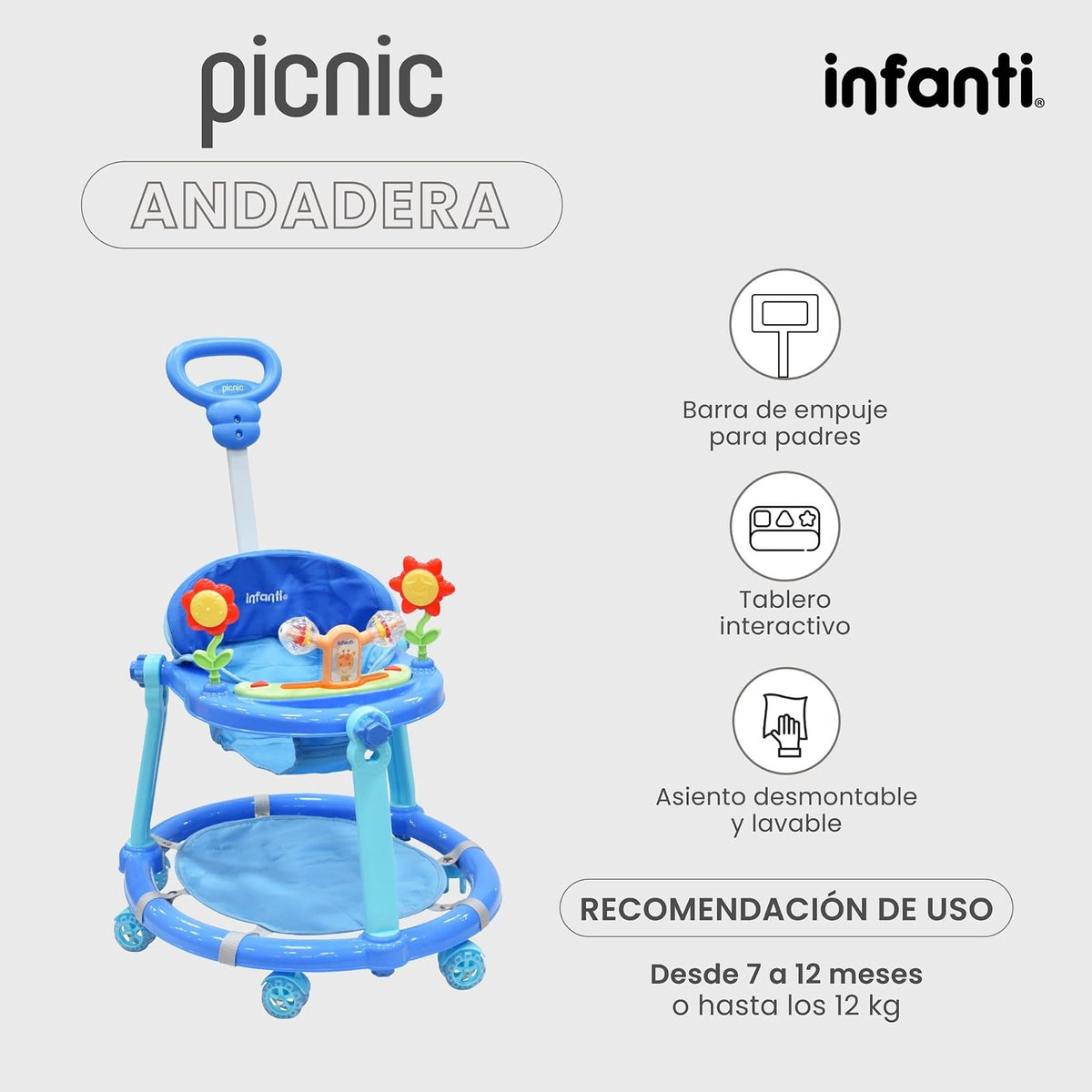 Infanti - Andadera para Bebe 3 en 1 Picnic - Juguetes para Bebe - Andador para Bebe - Con Paseador y Juguetero Musical - Cosas para Bebes - Barra de empuje. (Azul)
