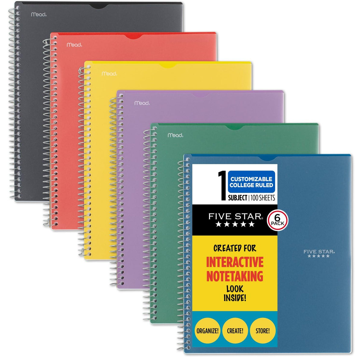 Five Star - Cuaderno interactivo en espiral para tomar notas, paquete de 6, 1 tema, papel a rayas universitarias, 8-1/2 x 11 pulgadas, 100 hojas, lucha contra el sangrado de tinta, cubierta