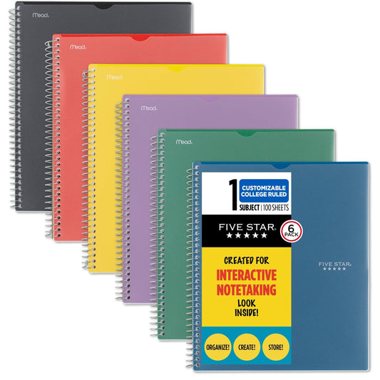 Five Star - Cuaderno interactivo en espiral para tomar notas, paquete de 6, 1 tema, papel a rayas universitarias, 8-1/2 x 11 pulgadas, 100 hojas, lucha contra el sangrado de tinta, cubierta