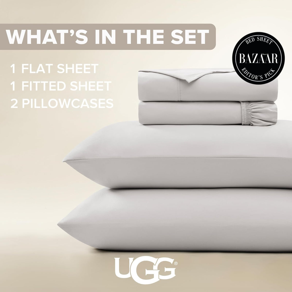 UGG - Juego de sábanas Queen de 4 Piezas de Lujo con Bolsillos Profundos y 2 Fundas de Almohada, hipoalergénicas, Lavables a máquina, Suave, Ligero, para recámara, Queen, Gris Piedra (Hedi)