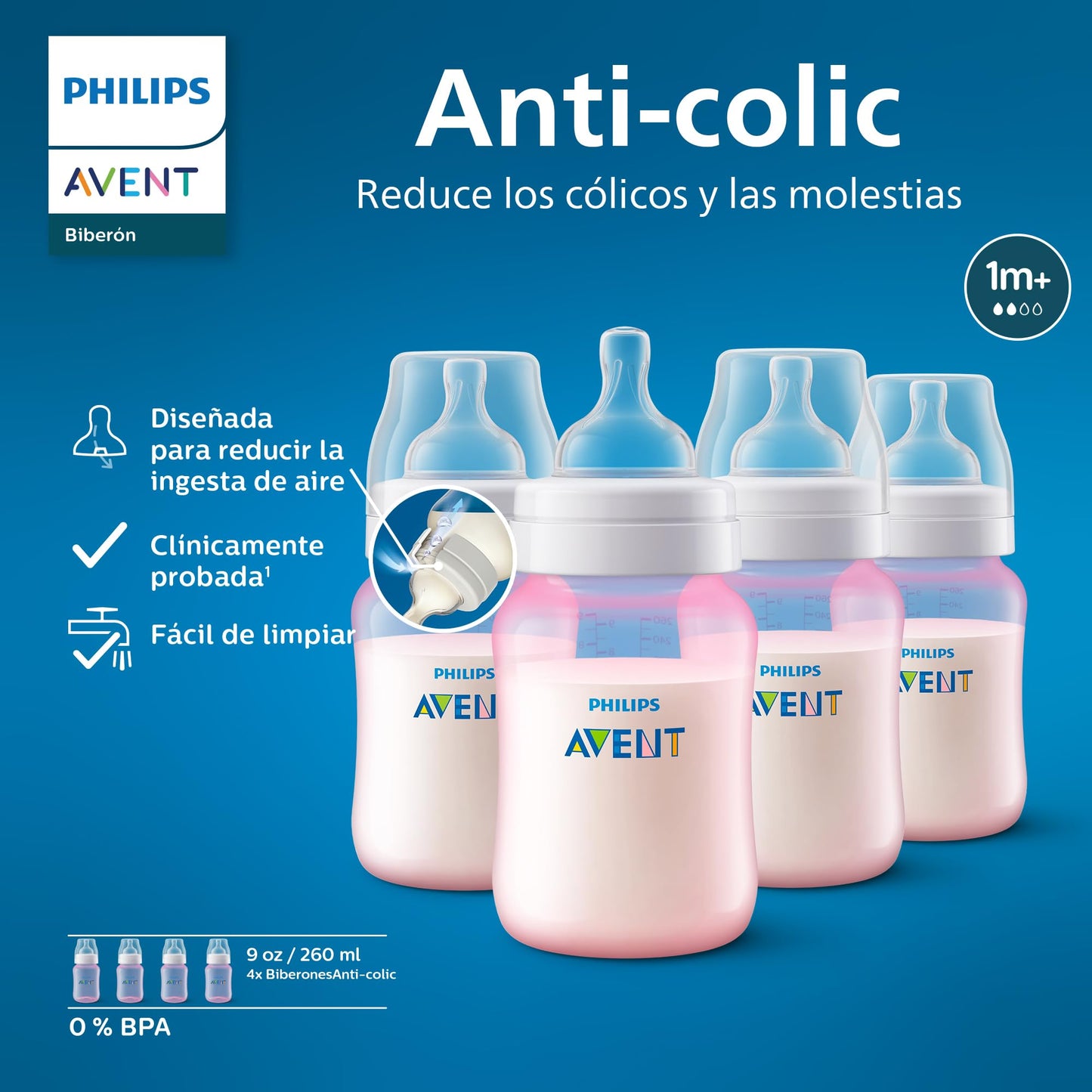 Philips Avent Biberón Anti-colic│con válvula anticólicos│Rosa│9 oz/260 ml│1 m+│4 pzs│SCY121/19