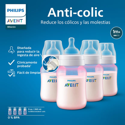 Philips Avent Biberón Anti-colic│con válvula anticólicos│Rosa│9 oz/260 ml│1 m+│4 pzs│SCY121/19