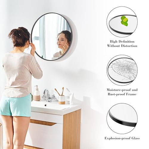 Sweetcrispy Espejo de Pared Redondo de 24 Pulgadas con Vidrio Templado, Espejo de baño sobre Fregadero, Espejo Redondo antivaho e Impermeable para baño, Entrada, recámara, diseño inastillable, Negro