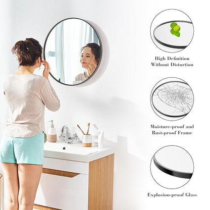Sweetcrispy Espejo de Pared Redondo de 24 Pulgadas con Vidrio Templado, Espejo de baño sobre Fregadero, Espejo Redondo antivaho e Impermeable para baño, Entrada, recámara, diseño inastillable, Negro
