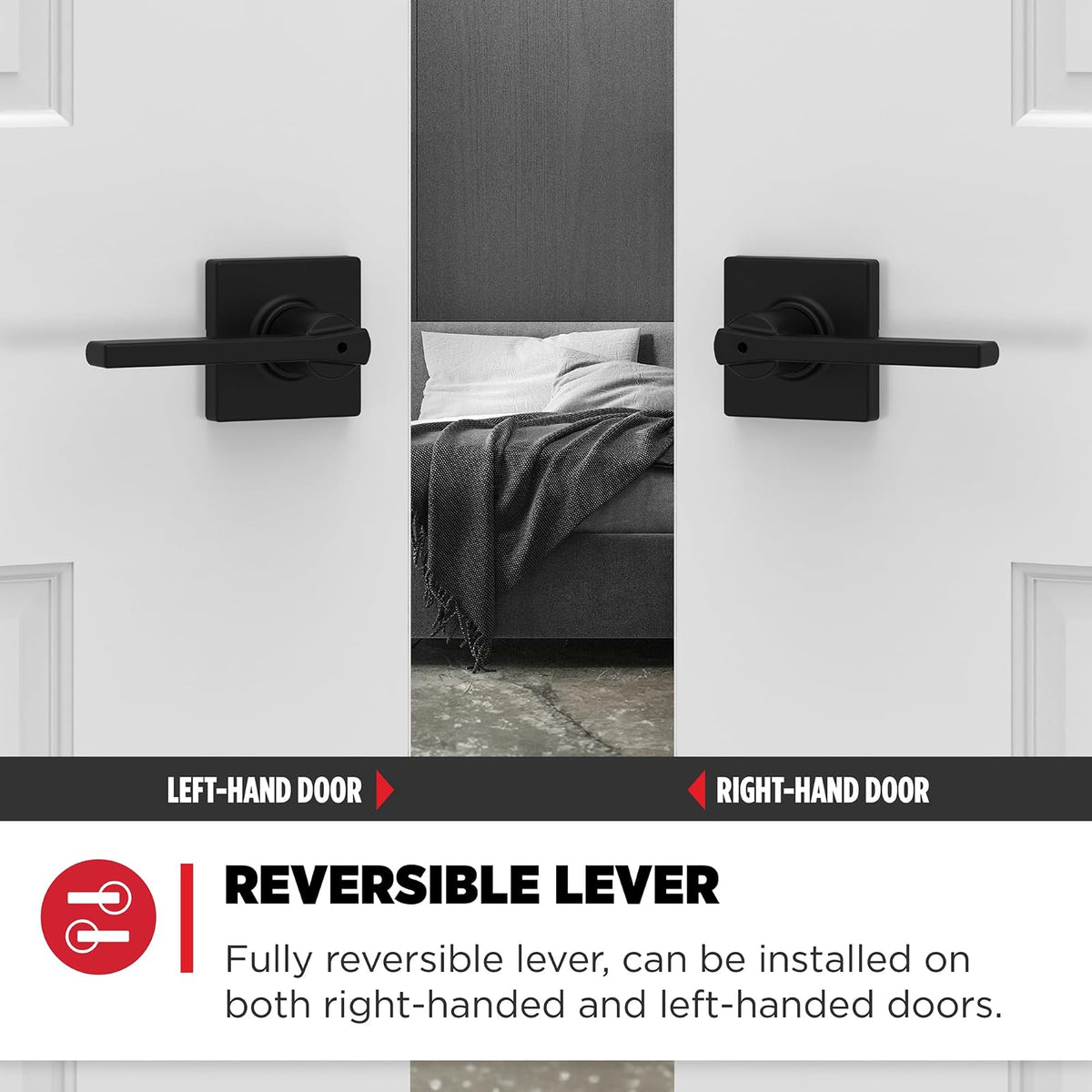 Kwikset Casey - Manija de puerta interior de privacidad con cerradura, palanca de puerta para baño y recámara, cerradura reversible sin llave, color negro mate, con protección Microban