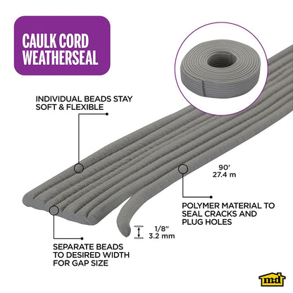 M-D Building Products 71548 M-D Replaceable Caulking Cord, 1/8 In W X 90 Ft L, Gray