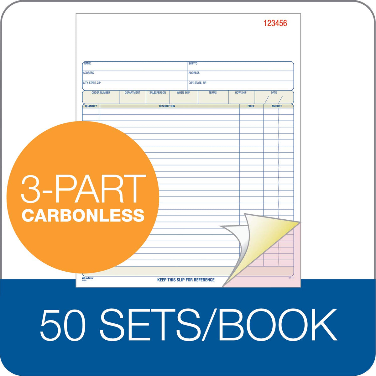 Adams Order Book, sin carbono, blanco/canario/rosa, 3 partes, 8-3/8 x 10-11/16 pulgadas, 50 juegos (TC8100)