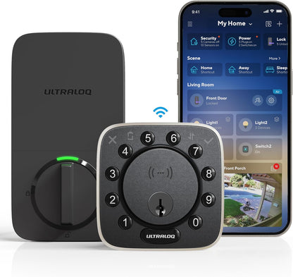 ULTRALOQ 2025 - Cerradura de puerta inteligente NFC, cerrojo WiFi integrado 6 en 1, cerradura de puerta de entrada sin llave y sensor de puerta, desbloqueo automático, resistente al agua IP65, fácil