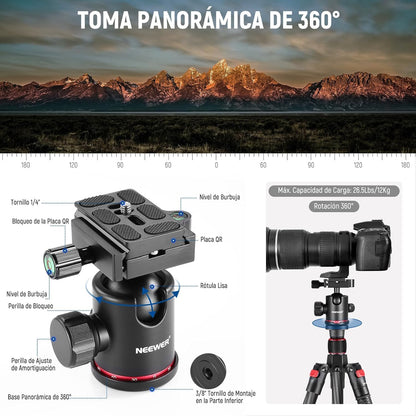 NEEWER 66"/168cm Fibra de Carbono Tripode para Camara con 360° Rotula, N55C | Panorama, 1/4" Arca Placa QR, Portatil Bolsa, Compacto Viaje Tripode Monopod para DSLR Video Camcorder
