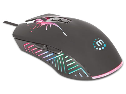 Manhattan 190220 Mouse Gaming Óptico cableado USB con iluminación LED, Siete Botones con Rueda de Desplazamiento, 7200 dpi Ajustables