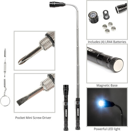 NEIKO 20736A Magnetic Pick-Up Tool and Inspection Mirror Set | Telescoping Flexible & Extendable LED Flashlight | 15lb Retriever Tool | 6 Piece Set | 360 Swivel, Adjustable, Telescoping Mirror