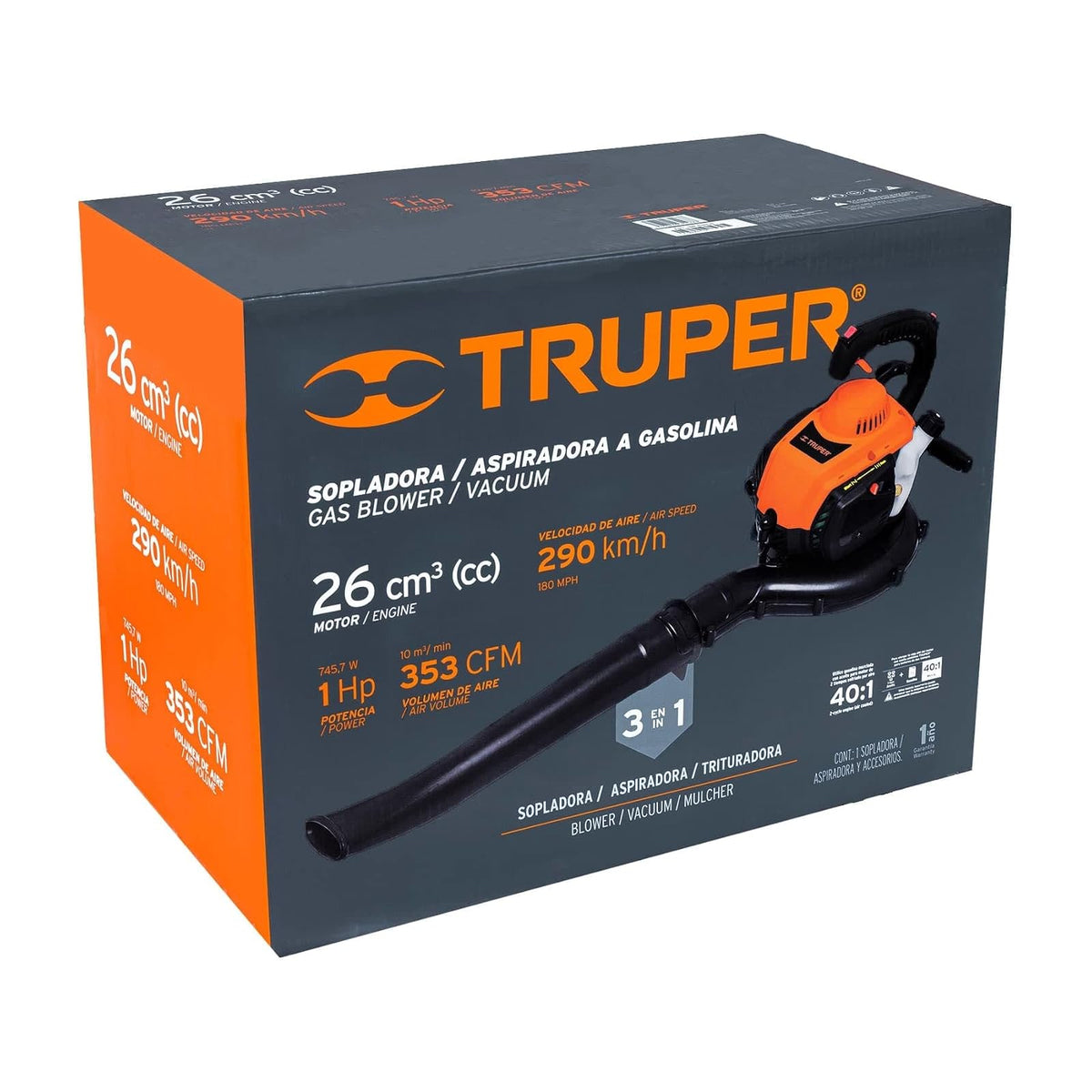 Truper SOPLA-26T, Sopladora/Aspiradora a Gasolina con Bolsa Recolectora