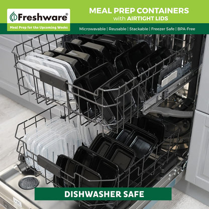 Freshware - Recipientes para preparación de comidas (15 unidades), 2 compartimentos con tapas, caja bento, sin BPA, apilables, aptos para microondas/lavaplatos/congelador (32 onzas), negro, 28